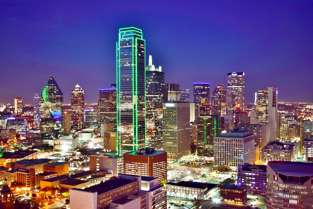 Aerial View of Downtown Dallas (Skyline) After Sunset - Dallas,